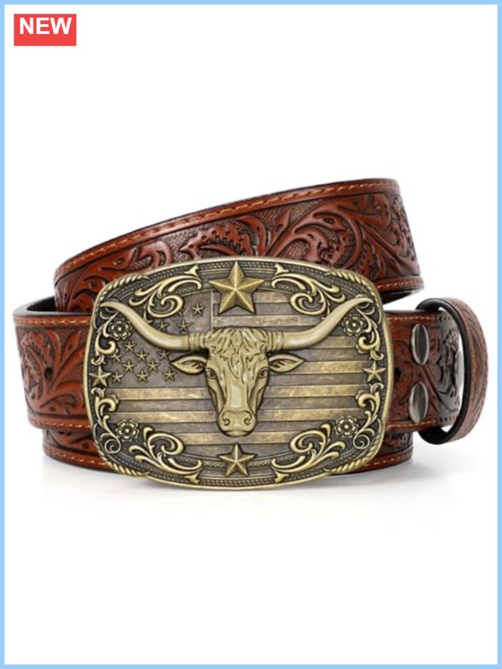 Western Cowboy Belt Bull Buckle Split Leather 1.5" Adjustable